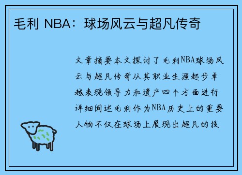 毛利 NBA：球场风云与超凡传奇